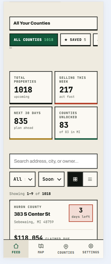 The Foreclosure Feed dashboard on a phone, showing upcoming counts and a listing