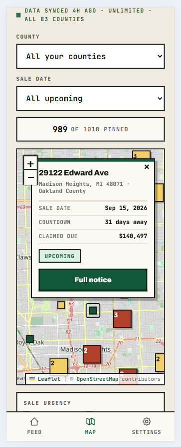 The live foreclosure map on a phone, with a listing popup open
